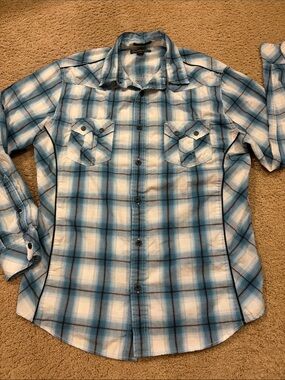 Helix Teal Plaid Western Flap Snap pocket Roll-tab Sleeves Mens Large EUC!